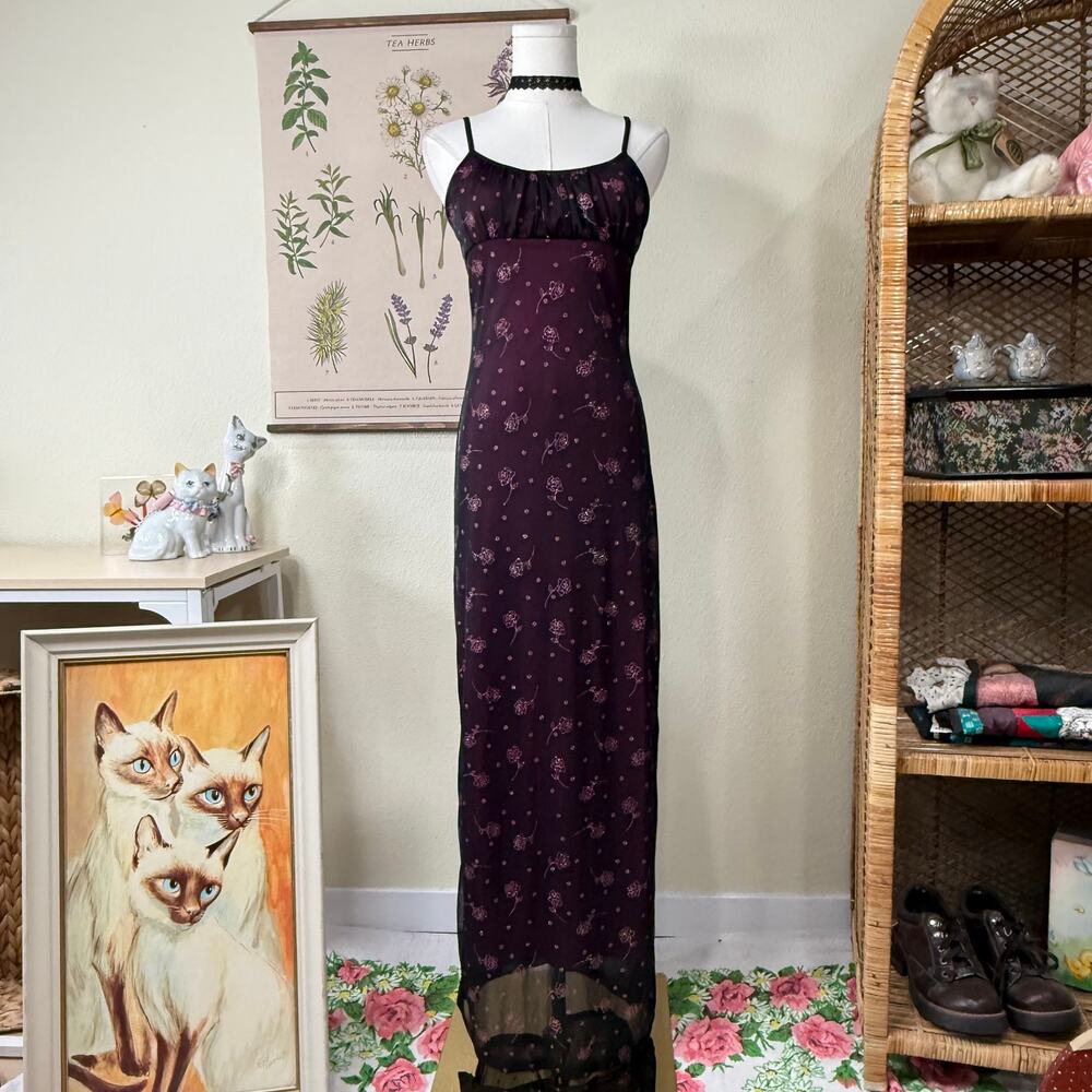 90s Y2k Glitter Floral Mesh Milkmaid Babydoll Formal Dress Dark Romantic Goth S